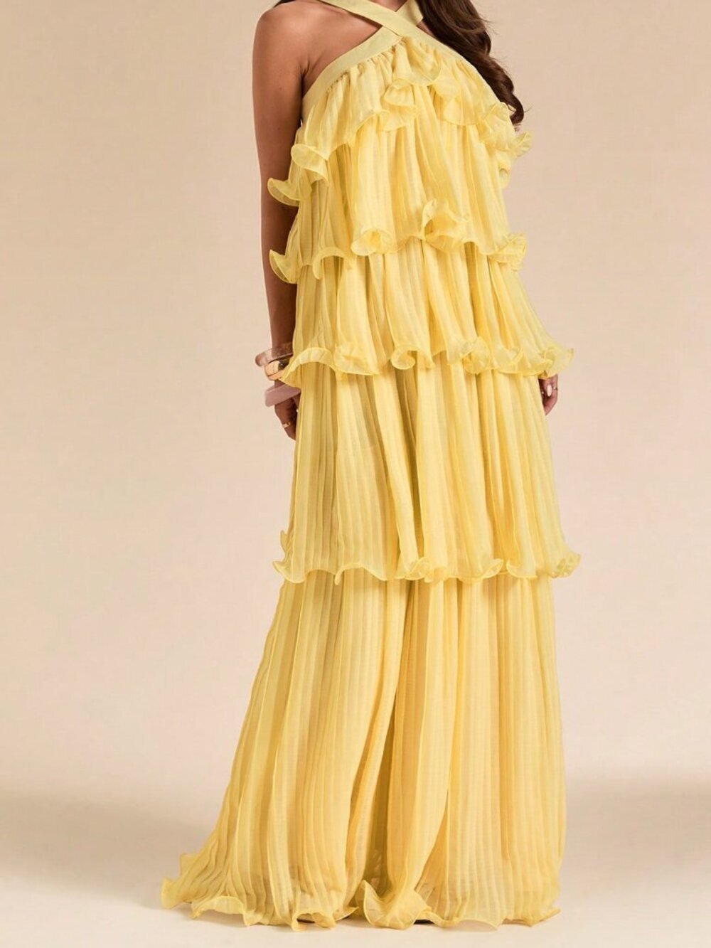 Light Yellow Sexy Women's Long Wide Ruffle Pleated Halter Neck Backless Dress